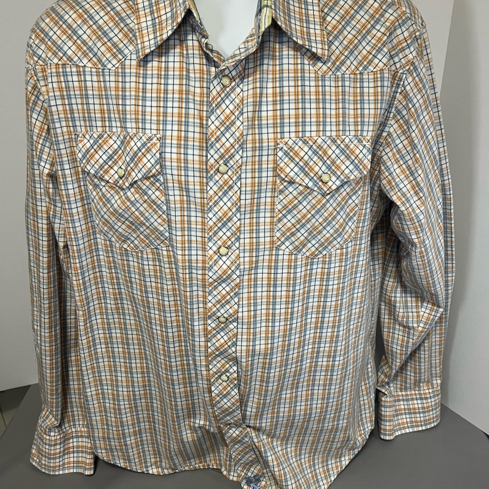 Twenty X Shirt Mens XL Orange Blue Wrangler 20x Western Pearl Snap Plaid